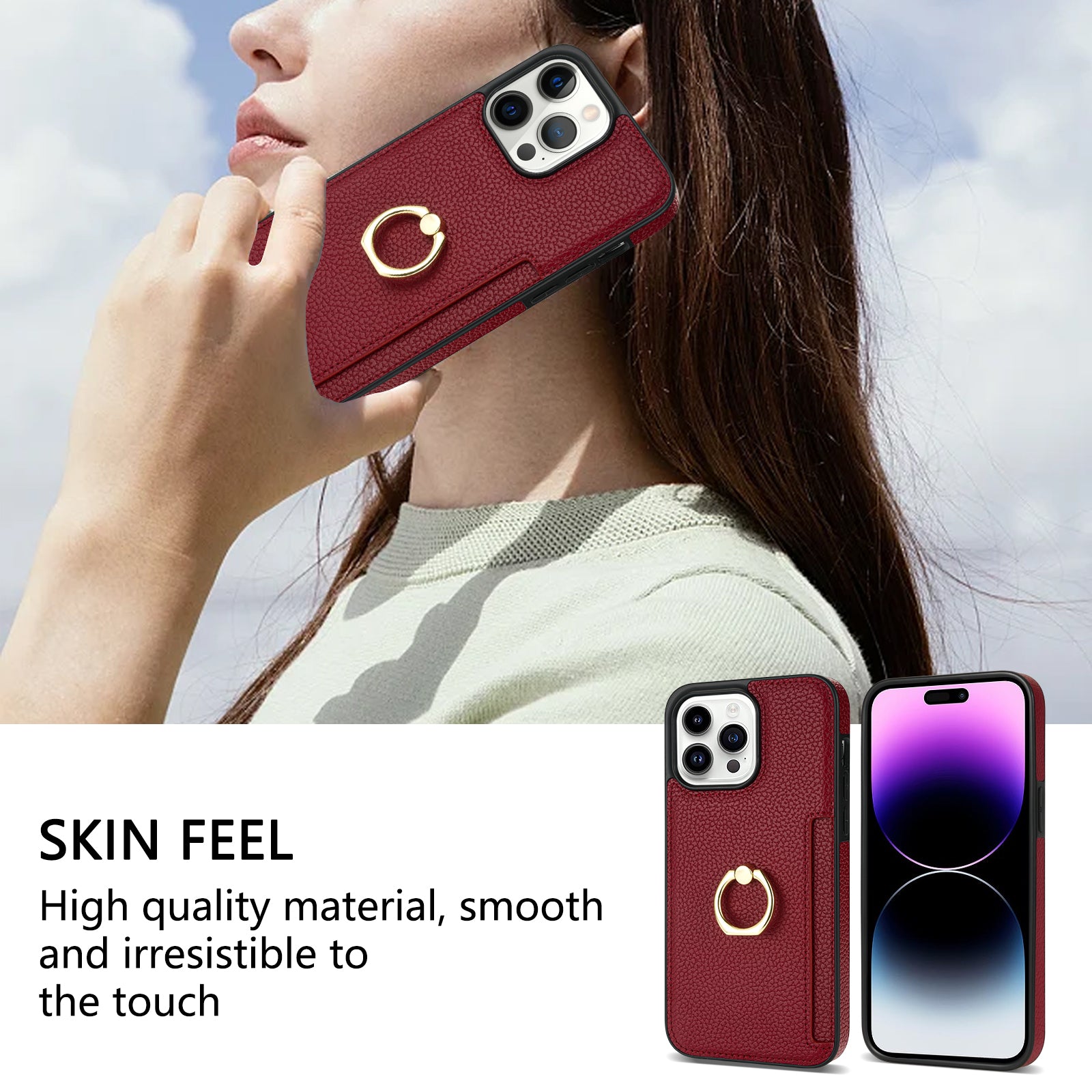 TPU+PU Leather Phone Case Card Holder for iPhone 15 Pro Shockproof Phone Cover with Ring Kickstand - Red TPU+PU Leather Phone Case Card Holder for iPhone 15 Pro Shockproof Phone Cover with Ring Kickstand - Red
